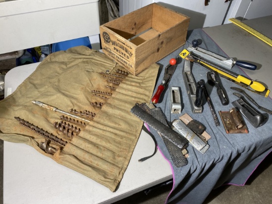 Old spruce box, auger bits, rasps etc lot