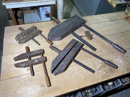 Group of antique wooden clamps including maker marked