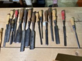 Large lot assorted gouges, woodworking chisels etc