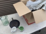 Box lot kitchen wares including cast iron