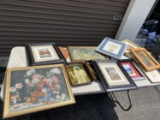Table lot of assorted framed art, Coca Cola trays, paintings