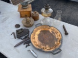 Group lot of assorted antiques, coffee grinder, trivet, knife etc