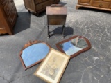 Sewing caddy, 2 mirrors including early, 19th c flower painting