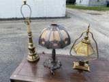 Antique Brass desk lamp with slag glass panels PLUS