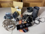 Minolta camera, large lens, vintage microphone, computer speakers lot