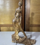 Unusual vintage African art carved wooden statue of a woman gleaner