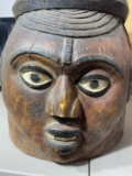 Old African Carved Wood and Leather Helmet Mask Folk Art