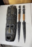 Large Carved African Tribal Masks + Two Wooden Figural Knives or spears