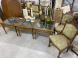 3 Italian Marble Topped Tables, 2 lamps, 2 chairs
