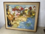 Signed Oil on Canvas Painting of a Beachside Village
