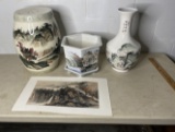 Group lot of Asian Painted Pottery Plus Chinese Painted Mountain scene