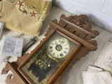 Antique clock plus assorted textiles, gong