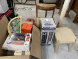 Household Items - Delongi heater, half round table (needs work on leg), plastic tool box and more