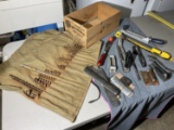 Old spruce box, auger bits, rasps etc lot