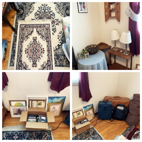 Luggage, 3 side tables, shelf, mirror, rugs, and sleeping bag