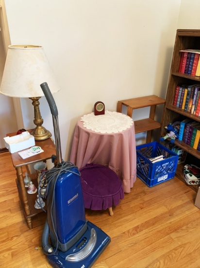 Kenmore vacuum, 2 side tables, book shelf, books and dÃ©cor