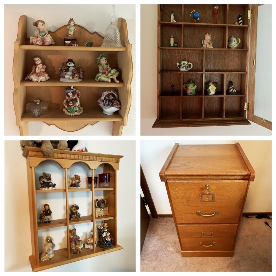 Filing Cabinet, Shelf with Boyds Bears, 2 additional shelves with DÃ©cor Items