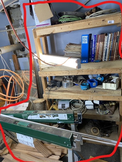 Shelves, folding saw horses, electrical supplies etc