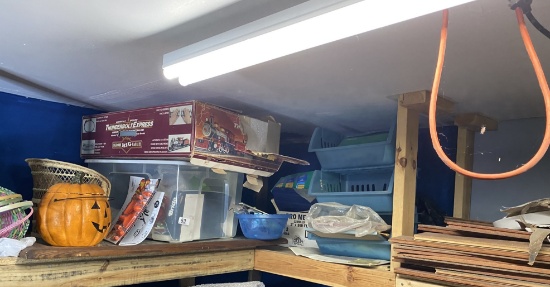 Shelf lot of holiday including large train set in box