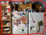 Contents of cupboard, magnets on fridge, baskets, ceramic lidded casserole etc