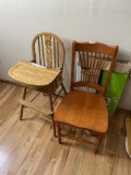Antique oak high chair and wooden chair