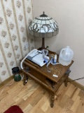 Small table plus leaded glass style lamp, lantern etc