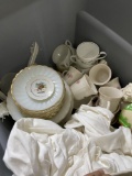 Tote full of assorted vintage china PLUS a cookie jar