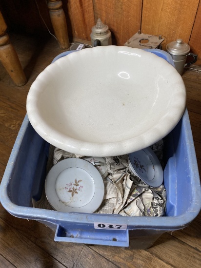 Tote lot of assorted antique china, antique bellows