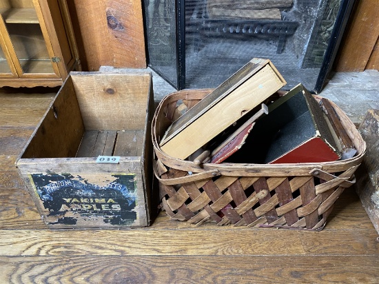 Fruit crate, basket, other antique items lot