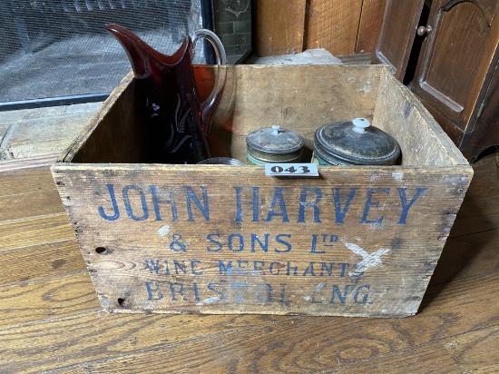 Antique John Harvey Box PLUS tins, glass etc