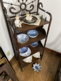 Assorted Chinese blue ceramics and more in on shelves