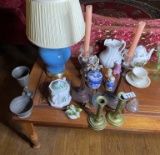 Group of assorted china, glass, hogscraper candlesticks etc