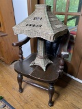 Antique Chair w/leather back PLUS wicker lamp