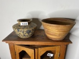 Wooden Bowl PLUS Ceramic Pot w/Blue Decoration