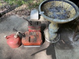 Old gas cans including Stihl plus bird bath