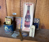 Group lot of assorted antique advertising items, tins