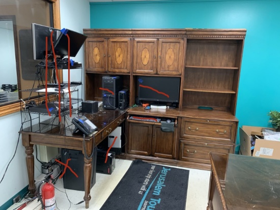 Officer Furniture - Desk, Book Cases and Table (The Electronic Items pictured in this lot marked in