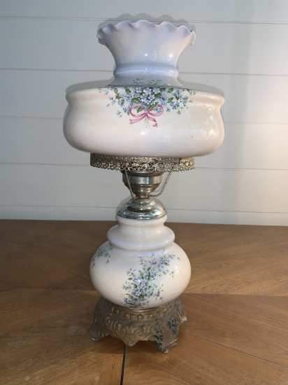 Chalkware Lamp with Blue Flower Pattern 20 1/2" Tall (No Cracks)