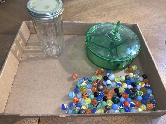 Assortment of Marbles and Green Depression Glass