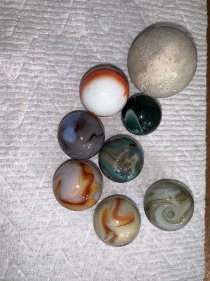 Unique Vintage Handmade Marbles - Small Chip in Green Swirl Marble