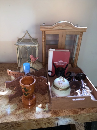 19" Tall Display Cabinet, Desk Organizer, Ginger Jar, Glass Bird House, Wooden Vase and More