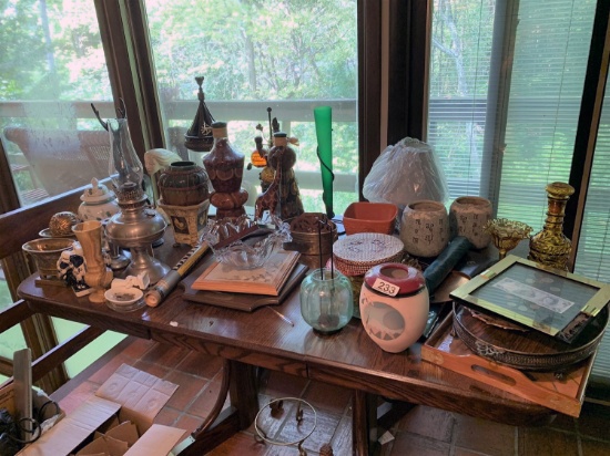 Foreign Money in Frame, Glassware, Oil Lamp, Copper Items, Trays, Hand Painted Vase and More
