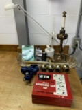 Group Lot - Bench Vise, Brass, Soldering Gun, and Lamps
