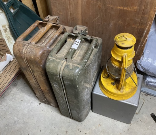 2 military metal gas cans, metal box, barn lantern
