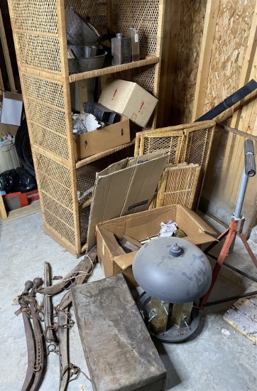 Shelf, wood roller, bird feeder, large qty primitives, antiques