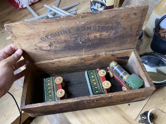Wooden Advertising Box w/Antique Tin Toy Train