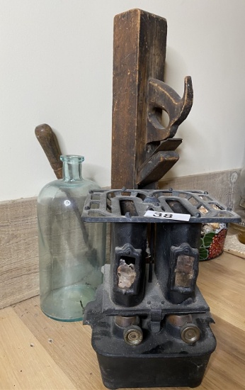 Antique metal heater stove, block plain, soldering iron, glass bottle