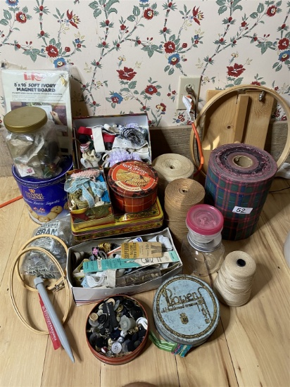 Large lot of old sewing, buttons, roll of tartan fabric etc