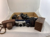 Cameras and Lenses  1 Praktica  1 Box camera. 7 lenses Tonkia, Kenko, Hanimex, Lentar and more.