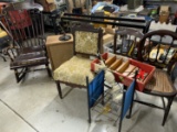 furniture. 2 Cain Chairs, 1 rocking chair, mid century style desk lamp, speaker and more